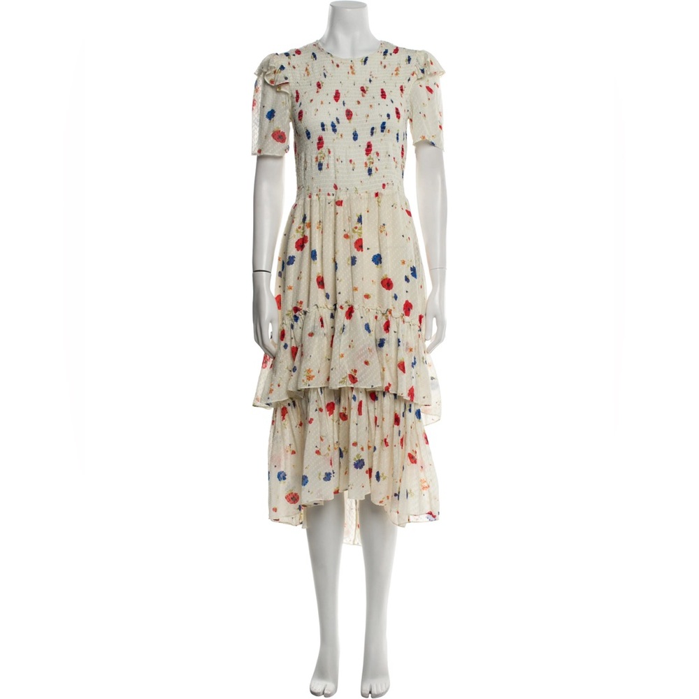 The Kooples Daydream Flowers Smocked & Ruffled Silk Midi Dress Size Small Fairy